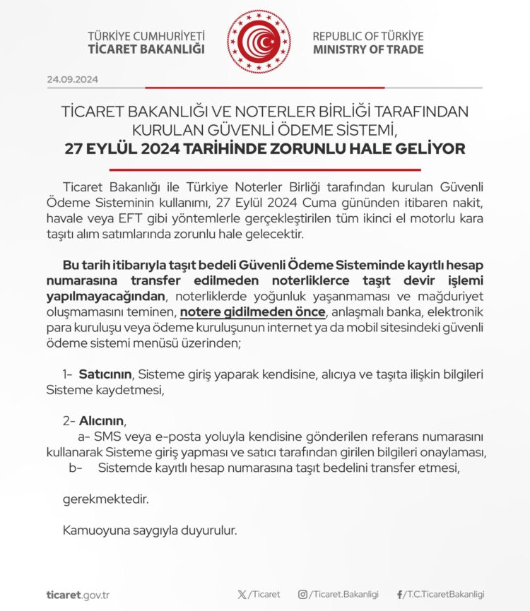 Ticaret Bakanlığı ve Noterler Birliği Tarafından Kurulan Güvenli Ödeme Sistemi, 27 Eylül 2024 Tarihinde Zorunlu Hale Geliyor.