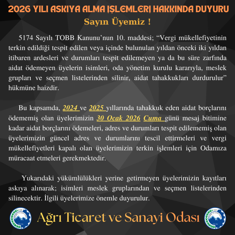 2026 YILI ASKIYA ALMA İŞLEMLERİ HAKKINDA DUYURU!
